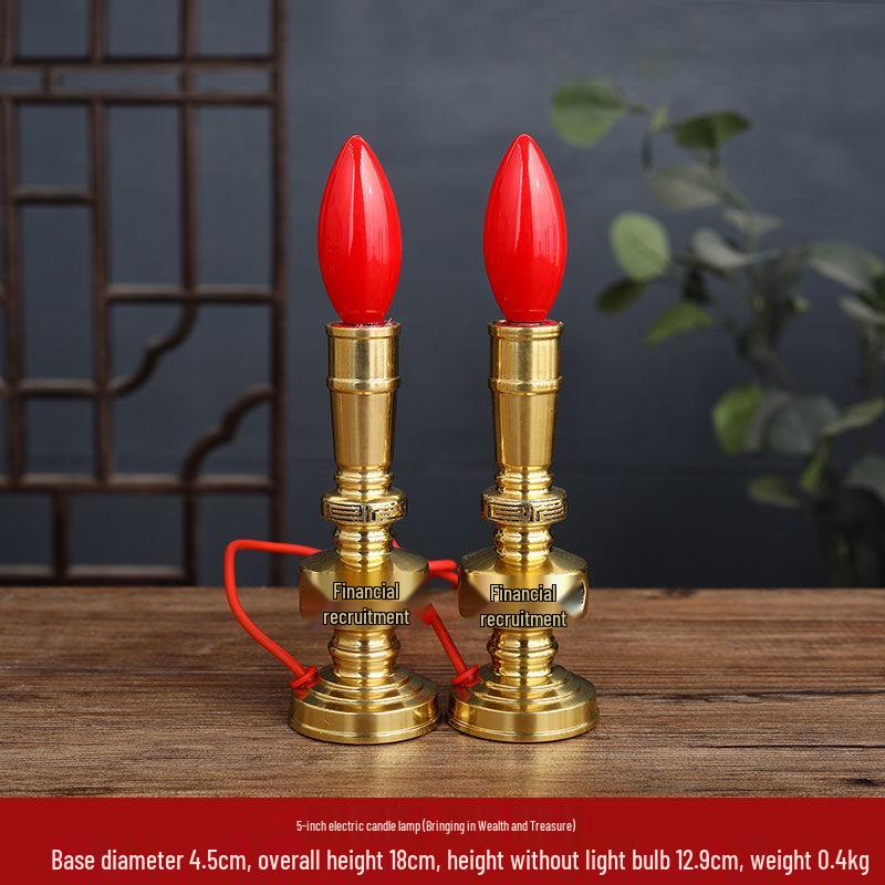 Pure Copper LED Candle Lamp for Offering: Everlasting Wealth God Incense Candlestick