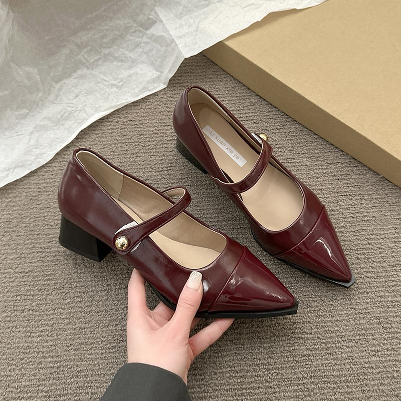 Designer Thick Heel Women Mary Jane Shoes Fashion Shallow Pointed Toe Shoes 2026 Spring Party Dress Prom Female Leather Pumps
