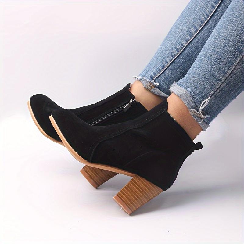 Women's Round Toe Side Zipper High Block Heel Ankle Boots - Beige Cover-Like Fabric Upper, Dressy Ankle Boots | Stylish Ankle Boots