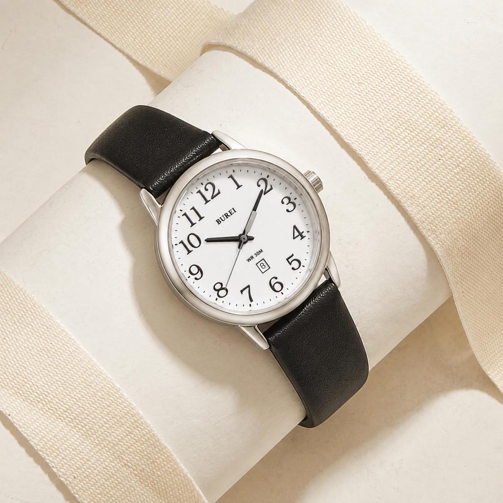 BUREI Women's Quartz Watch, White, Stainless Steel Case, 3 ATM Water Resistance, Date Display