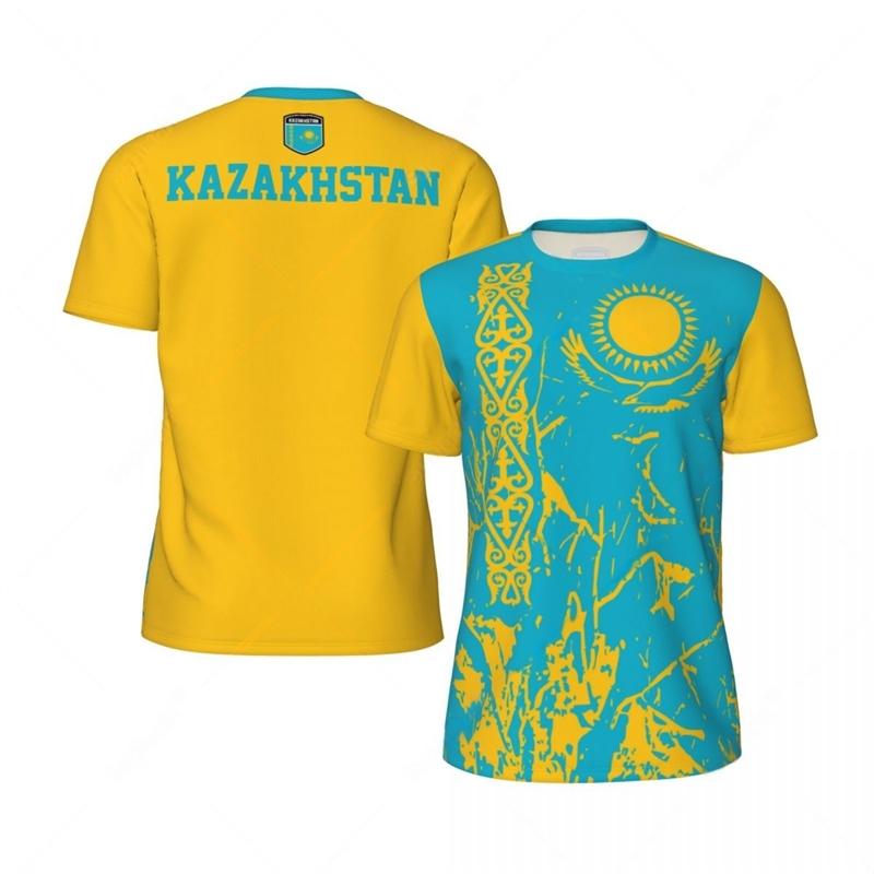 

Kazakhstan flag pattern men s football uniform fashion national emblem 3D sports T-shirt 6XL жовтий