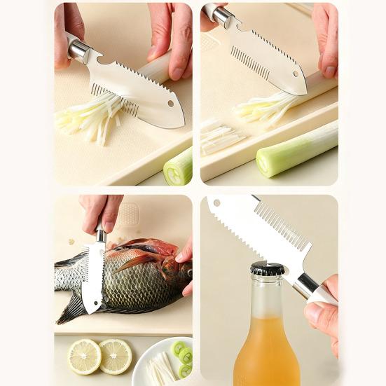 Stainless Steel Scallion Shredder with Slicer & Bottle Opener 3-in-1 Kitchen Tool for Ginger Leek Fish Scaling Rust-Proof Kitchen Gadget for Fast Meal