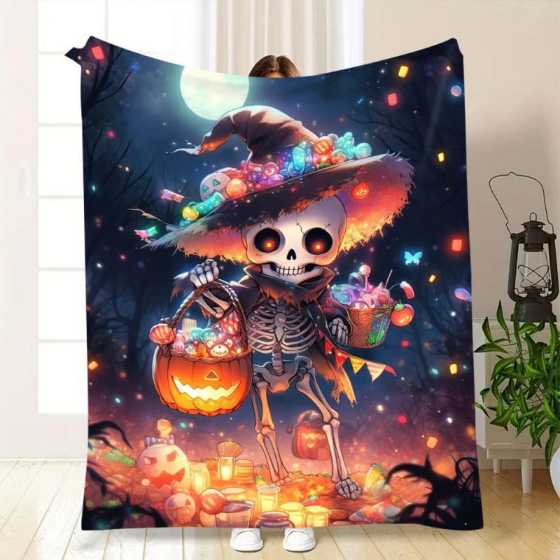 Soft Fleece Blanket With Halloween Digital Print Bed Sofa Nap Use Customizable Cartoon Geometric