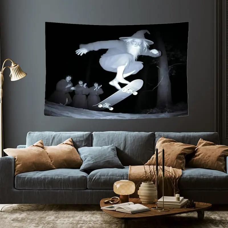 Funny Wizard Skateboarding Tapestry Meme Fantasy Art Wall Hanging Polyester Humorous Room Decor for Bedroom Dorm 100X70CM