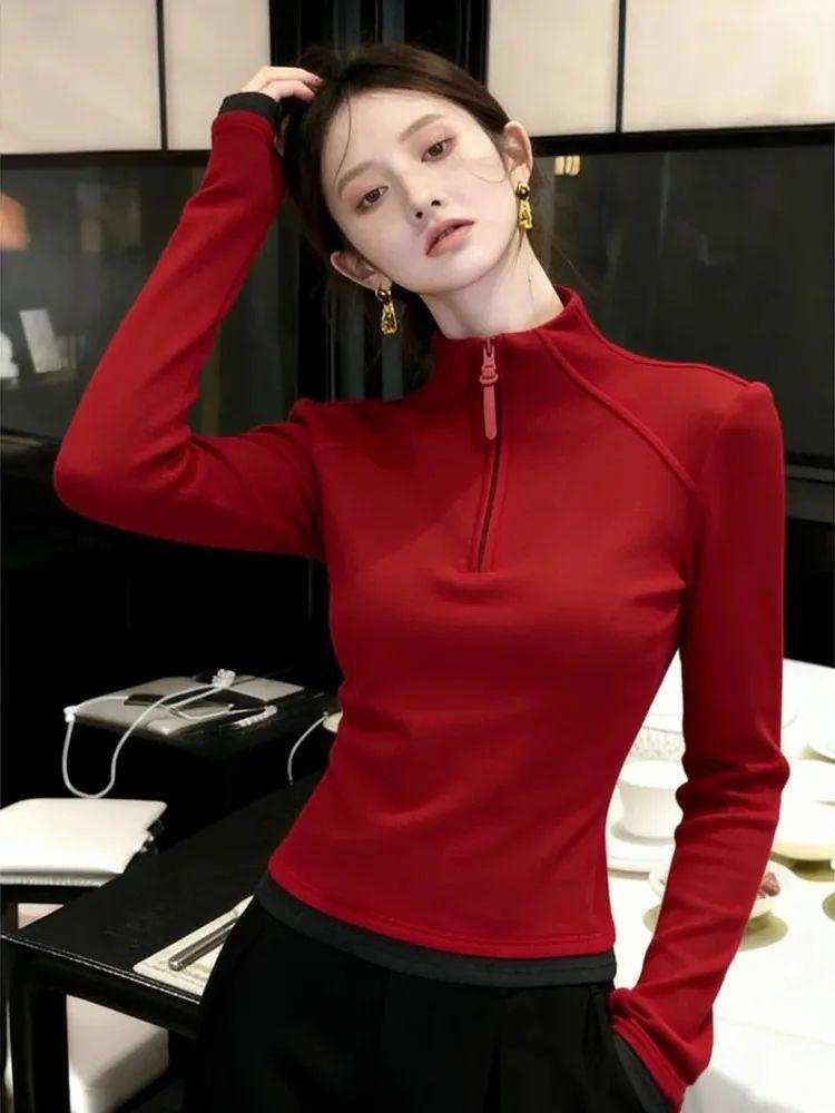 2026 Autumn/Winter Women's Korean Style Stand Collar Half-Zip Loose Slimming Base Layer T-Shirt