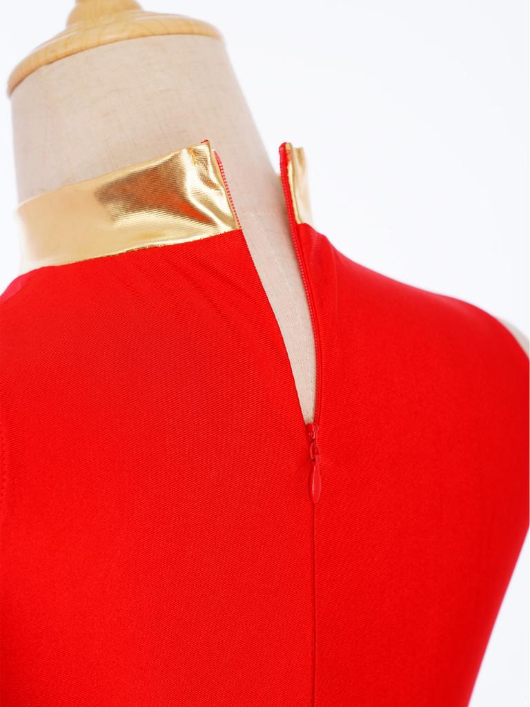 Girls Modern Dance Costume Mock Neck Sleeveless Back Invisible Zipper Ruched Mesh Overlay Bodice Side Split Dress