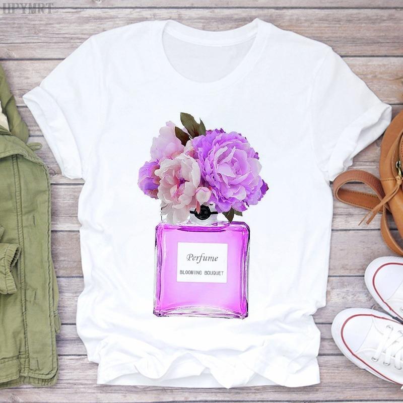 Watercolor Floral Hot Air Balloon Perfume Bottle Print Womens TShirt Casual Short Sleeve Top For Fashion Art Enthusiasts