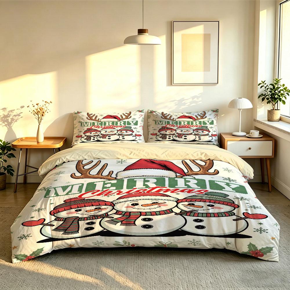 Christmas Duvet Cover Set 3Pcs Cute Cartoon Snowman Reindeer Antler Print Soft Microfiber Bedding with Pillowcases