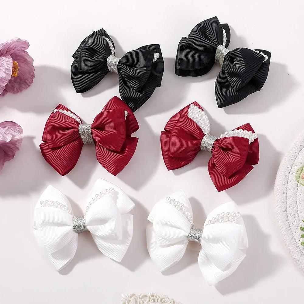 2Pcs 3.34inch Kids Bows Pearl Ribbon Hair Clips for Baby Girls Boutique Delicate Bowknot Barrette Palace Princess Style Headwear