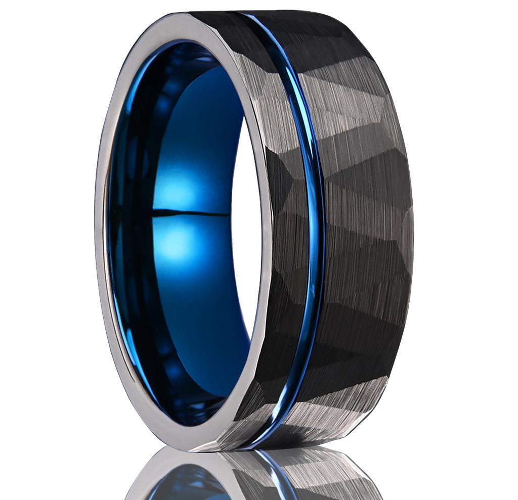 8mm black hammered tungsten steel ring, blue men's wedding ring, able and simple style comfort fit daily gathering