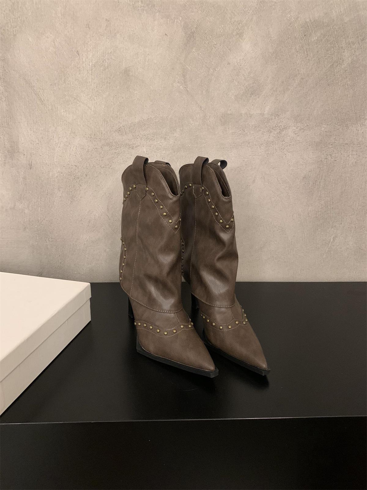 

Винтажные брюки Willow Spike Babes, сапоги на высоком каблуке, женские сапоги ковбойские сапоги 2024 года, осень-зима, жареные уличные сапоги с острым носком на шпильках 40