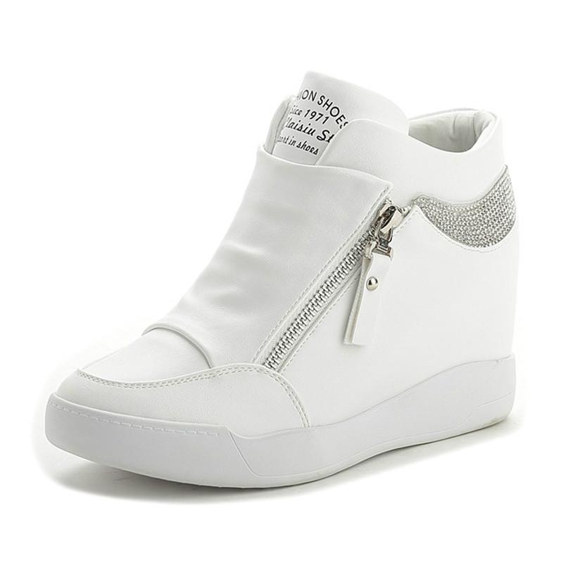 Fashion Comemore Women Wedge High Top Sneakers Zipper PU Leather Casual Shoes Sequins Thick Bottom White Internal Heighten Plus Size 42