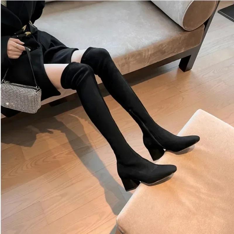 Fashion Elastic Long Faux Suede Boots Woman Over-the-knee Boots Casual Black Platform Shoes for Women Autumn Ladies Bottes