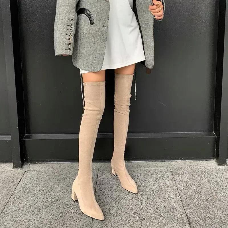 Fashion Over The Knee High Boots Women Pointed Toe High Heels Chelsea Snow Boots 2024 Trend Winter Suede Sexy Chunky Pumps Zapatos Mujer