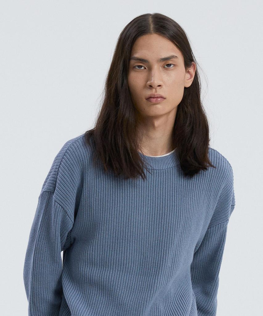 KNITTED Soft Cotton Drop Shoulder Waffle Knit Stone Blue