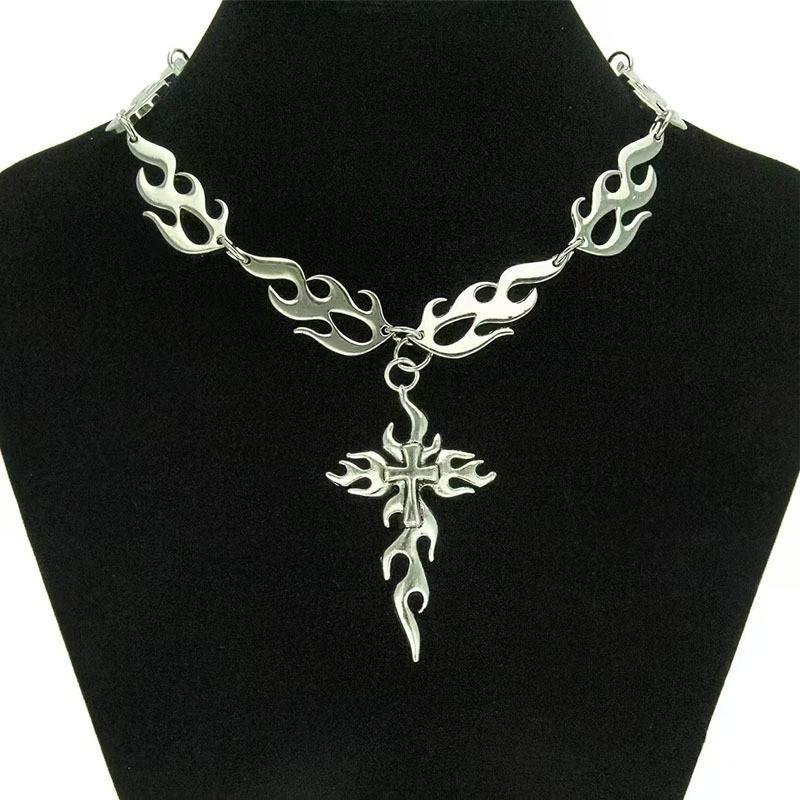 Gothic Flame Cross Necklace For Men Women With Alloy Pendant Stylish Hiphop Jewelry