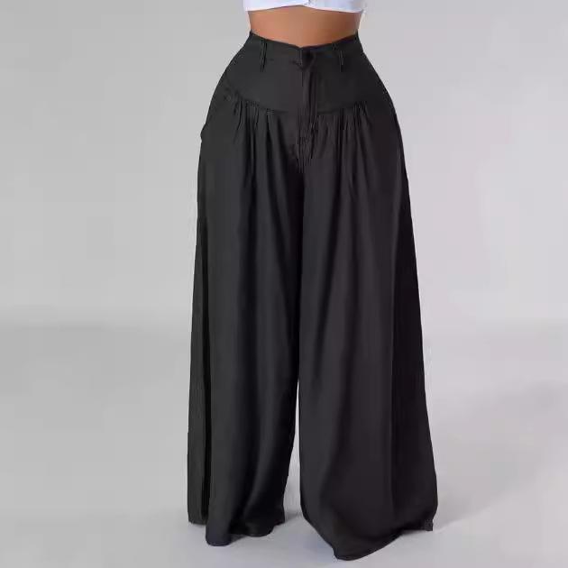Women's High Waist Pleated Denim Palazzo Pants Wide Leg Jeans with Pockets