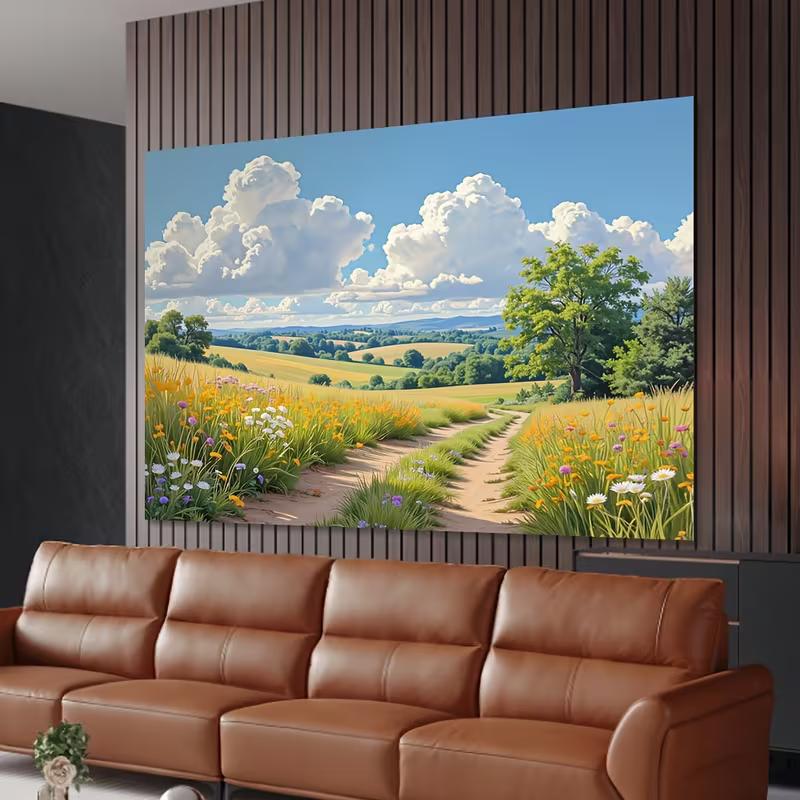 2D Dreamy Rural Wildflower Field Landscape Background Cloth