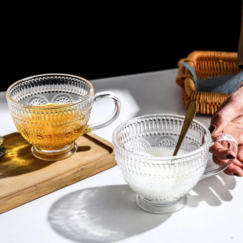 

Sun Flower Pattern Embossed Glass Cup European Style Vintage Coffee Cup Fluted Ripple 400ml Embossed Phnom Penh Glass Cup