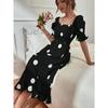 Women's Polka Dot Midi Dress Square Neck Puff Sleeve Fit and Flare Party Dress