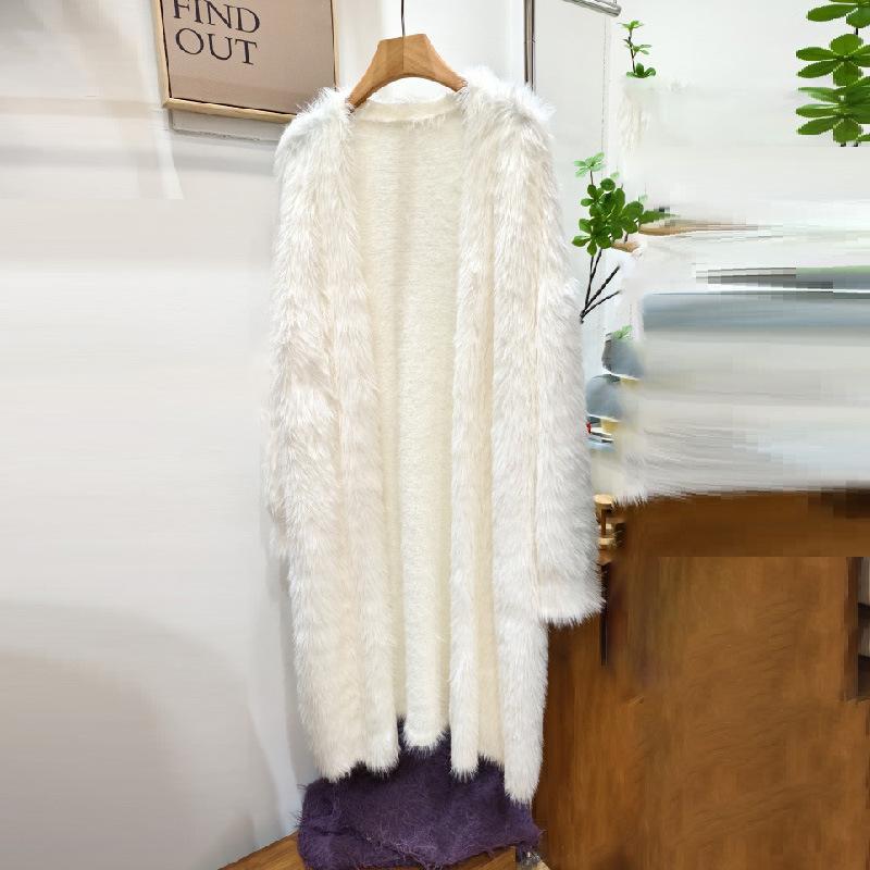 

Вязаный кардиган из искусственного меха норки, осенне-зимний ленивый стиль, толстый и свободный женский удлиненный свитер-пальто One size fits all белый