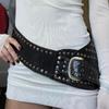PU Leather Female Waist Belt with Irregular Buckle Rivets Decors PU Waist Belt Hollowed out Waistband for Coat Shirt