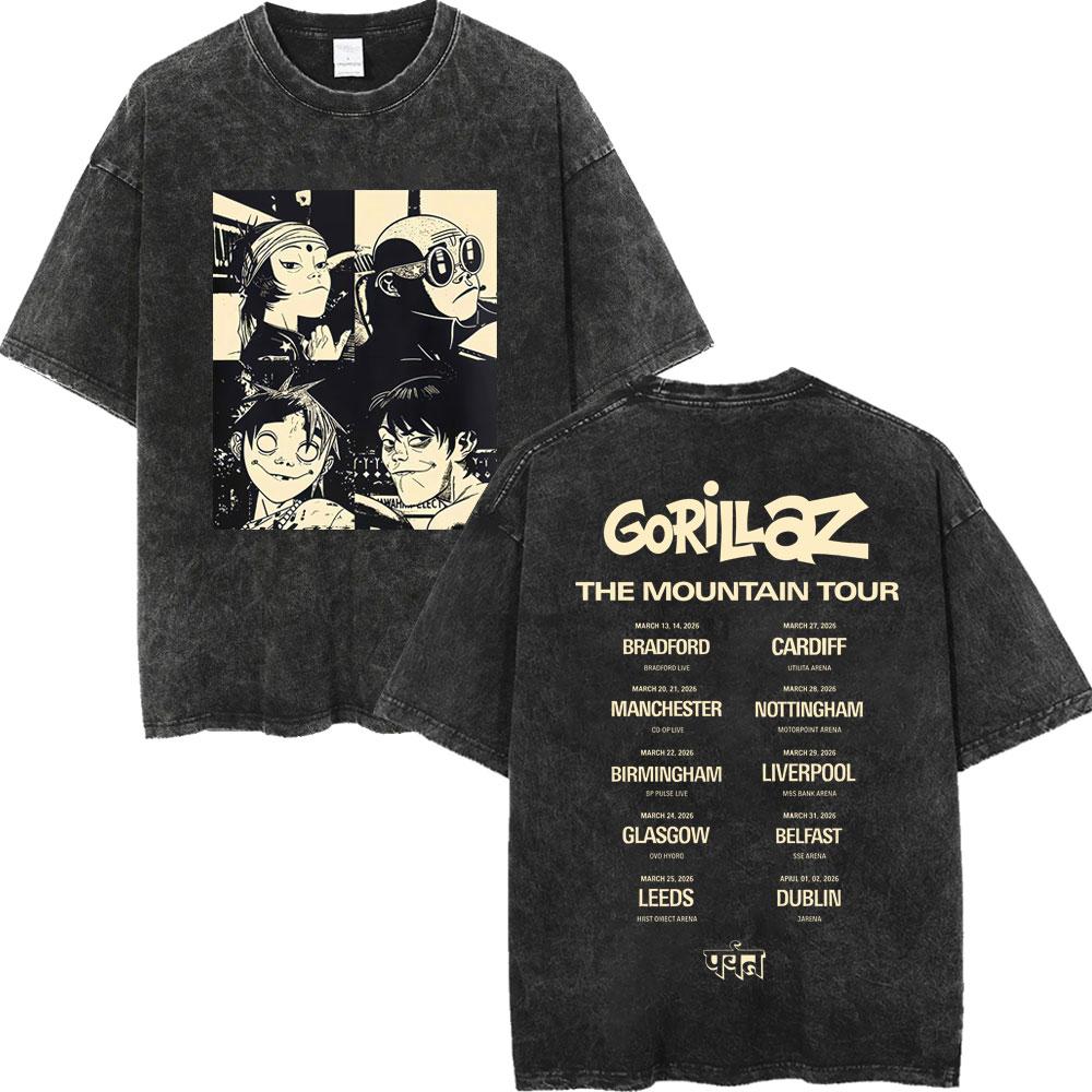 Vintage Washed Gorillaz The Mountain Tour Tshirts Men Women Casual Fashion Tshirt High Quality Cotton Oversized T Shirt
