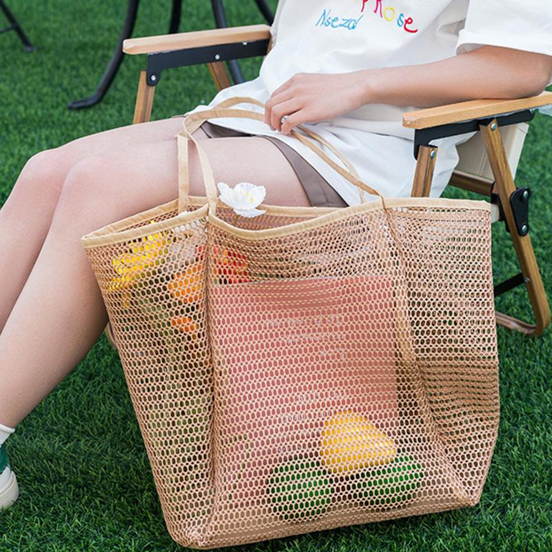 Mesh Beach Bag Large Capacity Simple Travel Shoulder Bag Hollow Handbag Toiletry Swimming Storage Bag for Outdoor Travel