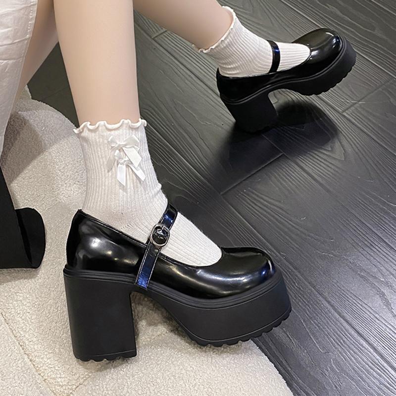 Mode Super Talons Hauts Chaussures Mary Jane Femmes Boucle Cheville Plateforme Épaisse Escarpins Femme Talons Épais Cuir Verni Chaussures Lolita Dames