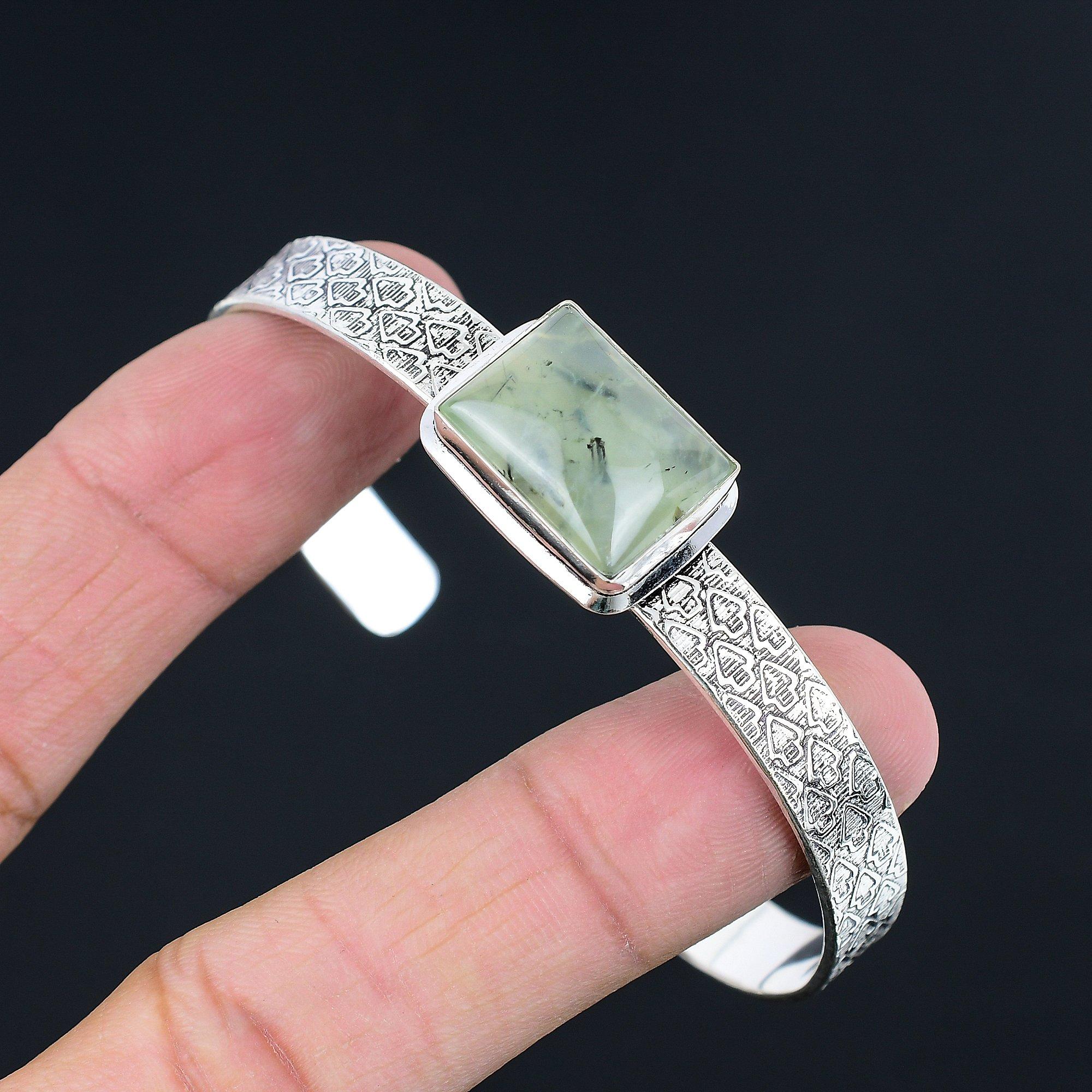 

925 Silver Natural Moss Moss Prehnite Engagement Artisan Unique Bangle Jewelry Adjustable