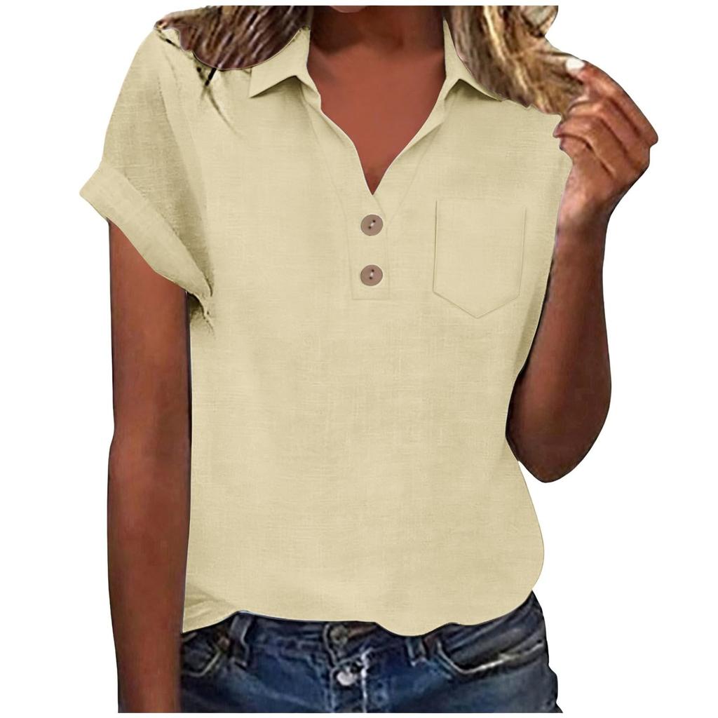 Women's Fashion Casual -Colour Buttoned Pocket Collared Short-Sleeved Shirt T-Shirt Top