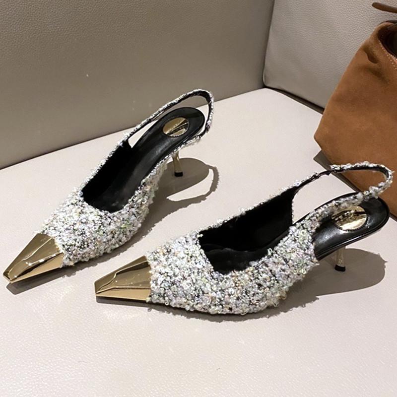 Fashion Luxury Designer Thin High Heels Women Sexy Metal Pointed Toe Heeled Sandals Summer Elegant Slingback Pumps Party Dress Shoes