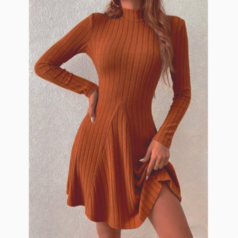 Long Sleeve Solid Rib-knit A-line Ruffle Dress, Casual Mock Neck, Women's Clothing
