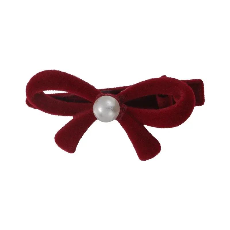 Retro Flocked Pearl Bow Christmas Hair Clips for Woman Girls Sweet HairPins Child Cute Bow Barrettes Fashion Hair Accessories