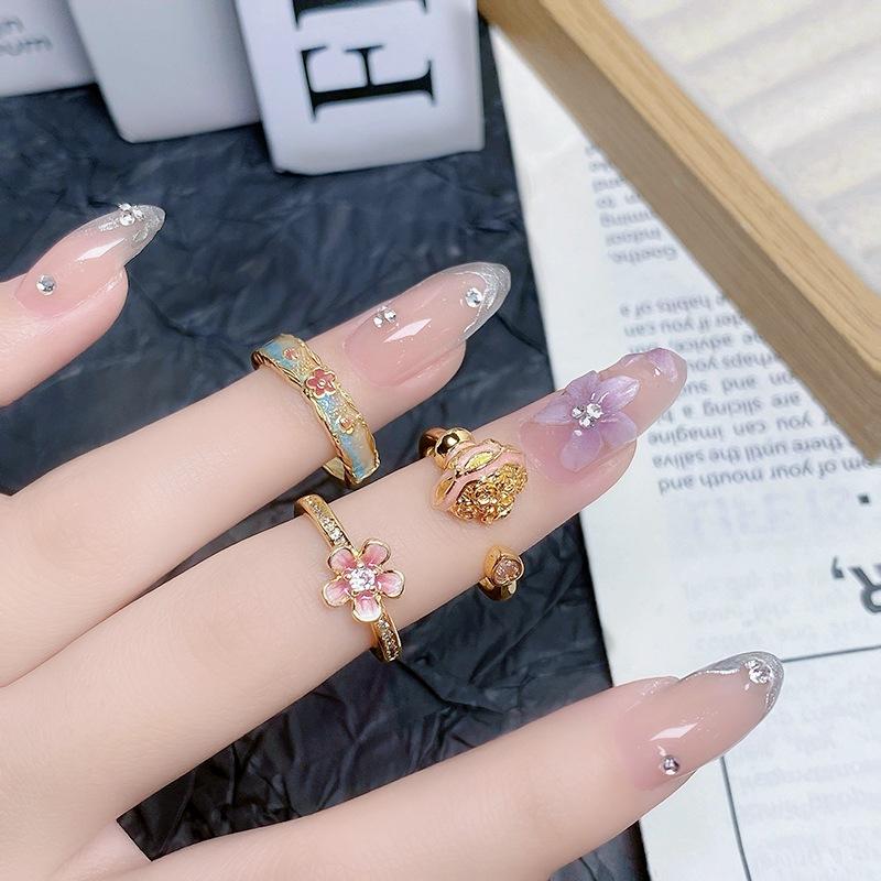 [Goldpuder Blumensprache] Mittelalterlich Vintage Nationaler Trend Emaille Tropföl Blume Öffnungsring Personalisierter Retro Finger