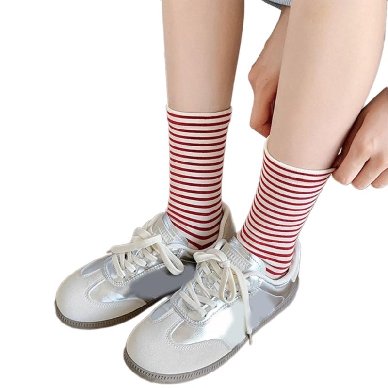 Womens Japanese Korean Cotton Middle Calf Socks Elegant College Style Casual Multicolored Striped Crew Socks Streetwear