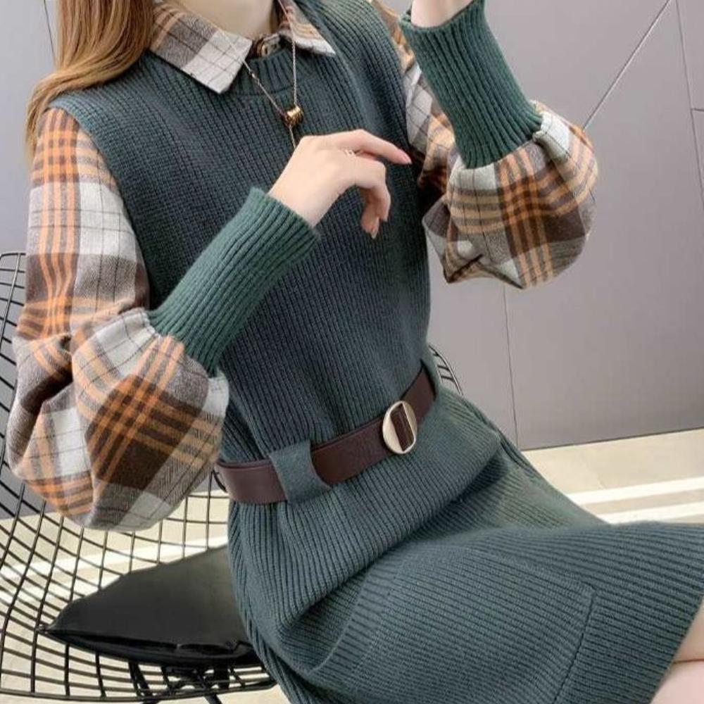 2025 Autumn and Winter New Two-piece Set Waist Plaid Shirt Vest Fashion Suit Knitted Sweater Women