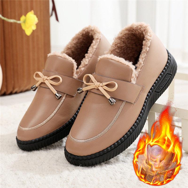Winter Cotton Shoes with Women's Leather Surface Waterproof and Velvet Flat Bottom Warm and Middle-aged and Elderly Short Boots
