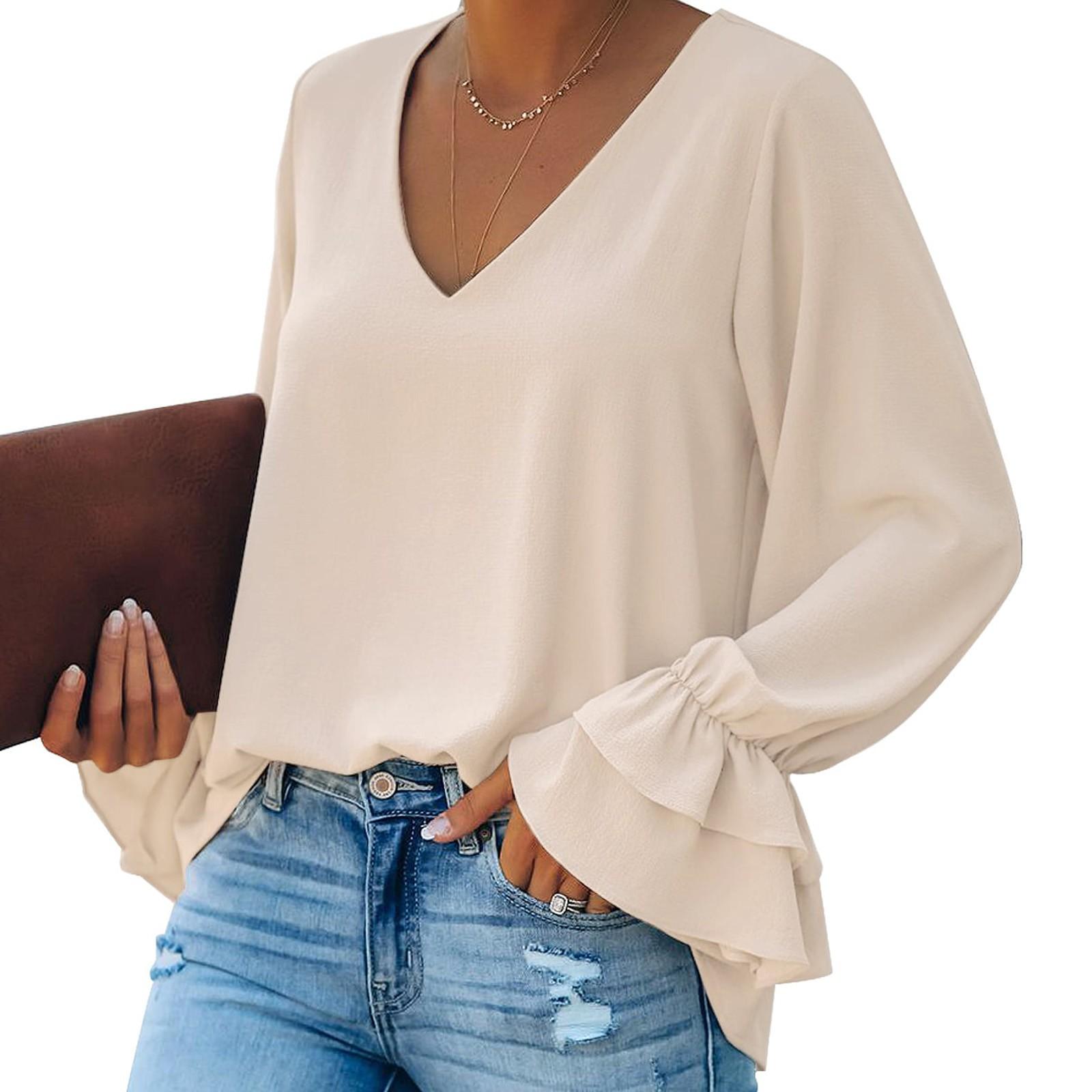 

Женские базовые рубашки с V-образным вырезом и длинными расклешенными рукавами Блузки L