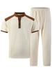Men's Plaid Color Block Stand Collar Suit - Short Sleeve Shirt and Long Pants Set