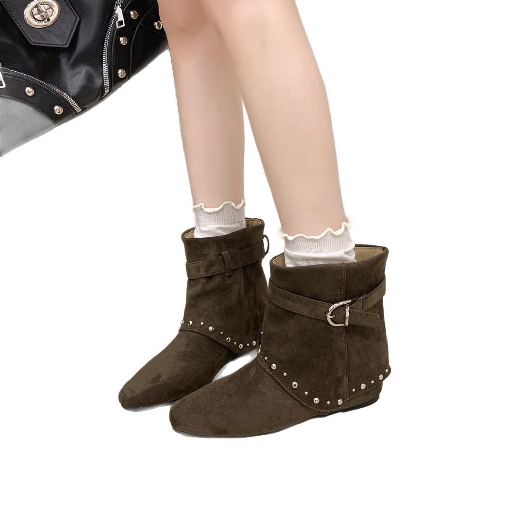 Retro rivet belt decorative short boots women's autumn new flat bottom square head thin boots temperament versatile fashion boots