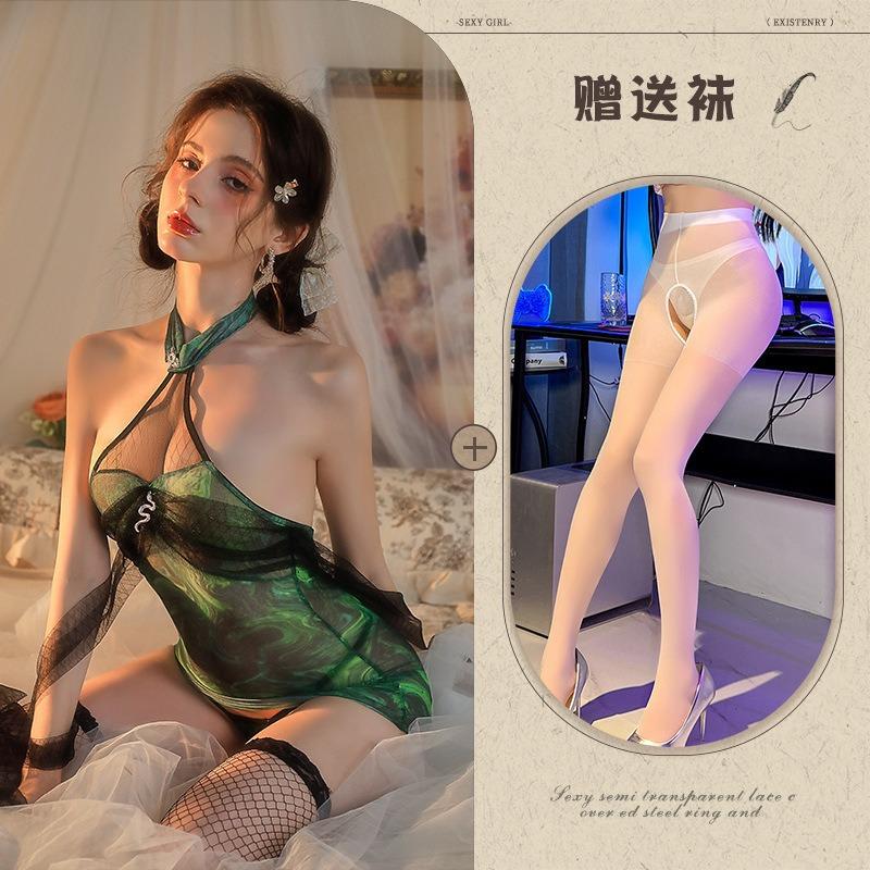 Sexy lingerie sexy hot green snake cheongsam stand-up collar neck uniform hot couple battle robe passion free