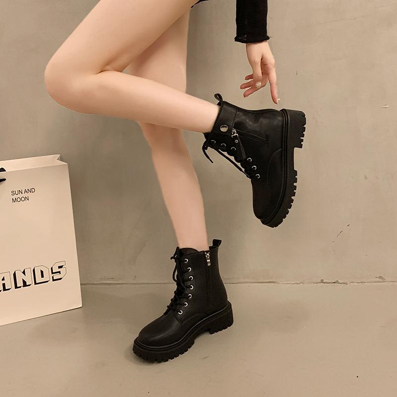 Thick-soled British Martin Boots Women's 2025 New Autumn and Winter Small Man Height Increase Black Lace-up Short Boots