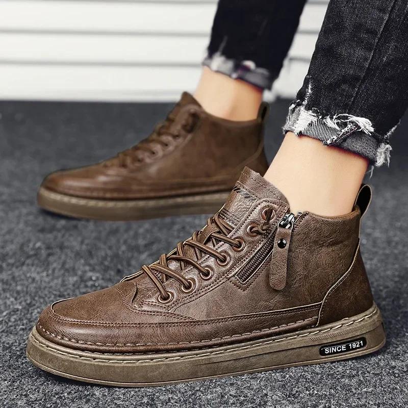 Leather Boots Men Spring High Casual Shoes for Men Trend Zipper Walk Flats Winter Shoes Vulcanized Ankle Boots New Zapatillas