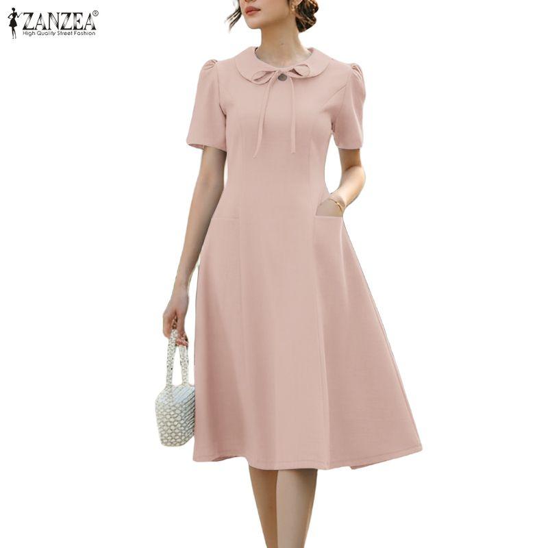 ZANZEA Women Casual Doll Collar Summer Short Sleeve Long Dress