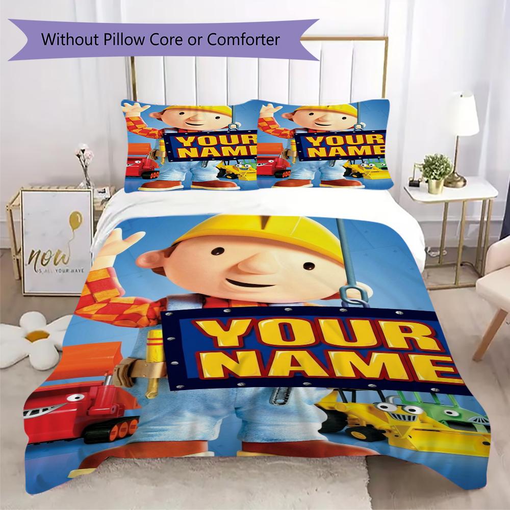 Benutzerdefinierte Name Bob der Baumeister Bettwäsche, Steppbett-Set Bettbezug Kissenbezug Zuhause Geburtstagsgeschenk(1 Bettbezug + 2 Kissenbezüge, ohne Füllung)_xia