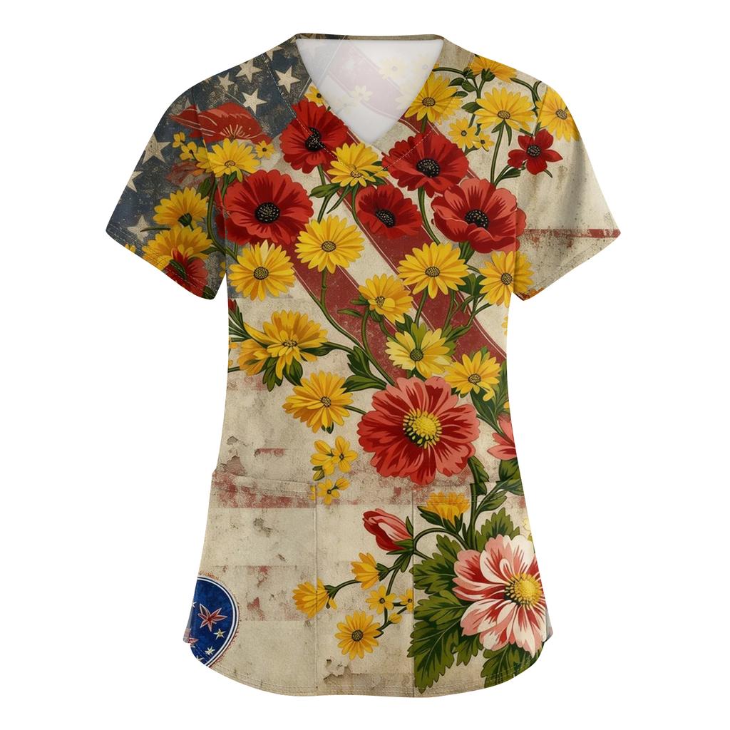 Women's Short-Sleeve Independence Day Print V-Neck Pocket Workwear Top
