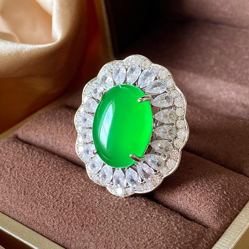 

Jewelry Copper Bottom Gold-Plated Ice Seed Fluorescence Simulation Red Corundum Chalcedony Temperament Set 13 * 18