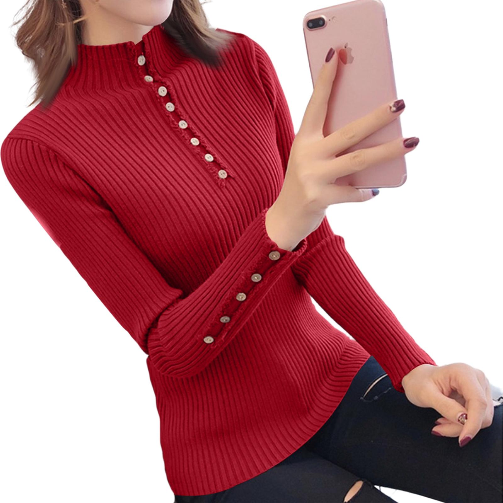 

Women s Half-high Collar Base Layer Shirt Slim Button Sweater One Size винный