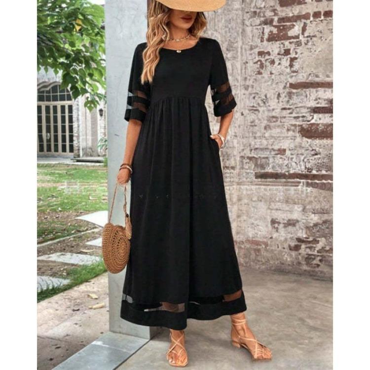Women Slimming Mesh Panel Long Dress Elegant Stretchy Fabric Crew Neck Solid Color All Season Wear